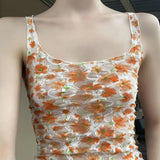 Bonnyshow  Lace Lightweight Sling Floral Mesh Tank Tops See Through Sexy Slim Slash Neck Sleeveless Tank Tops Women Summer Fashion