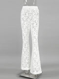 Bonnyshow Sexy Perspective White Flare Pants Summer Women Vacation High Waist Long Trousers Lace Beach Style Female Pants