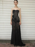 Bonnyshow  Sexy Strapless Transparent Lace Wers Women Maxi Backless Evening Dress Female Autumn New Elegant Party Clubwear