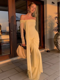 Bonnyshow  Solid Off Shoulder Asymmetric Straps Maxi Dress Long Sleeve Fitted Patchwork 2025 Summer Elegant Vestidos Chic Party Lady Robe