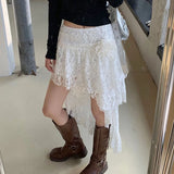 Bonnyshow  Fashion Lace Skirt For Women Double-deck Irregular Sexy See Through White Patchwork Skirt Y2K Hot Girl Summer Short Skirt