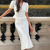 Bonnyshow  Women Elegant Skirt Suit White V-neck Puff Sleeve T-shirt and Long Skirt Casual Two Piece Set High Street Office Wear