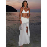 Bonnyshow Summer Camisole Bra Casual Suit See-through Mesh Splicing Slit Skirt Two-piece Set Elegant Sexy Party Beach Club Outfit