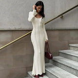 Bonnyshow Sexy Hollow Out Knitted Maxi Dress For Women White Long Sleeve Off Shoulder Slim Vacation Beachwear Long Dresses