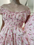 Bonnyshow  Sweet Women Pink Floral Print Mini Dress Sexy Off Shoulder Short Sleeve Elastic Waist Holiday Party Dress Summer Robe