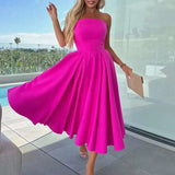 Bonnyshow  Casual Sleeveless Solid Party Sexy Strapless High Waist Women Banquet Summer Off Shoulder Hollow Pleated Long Dress