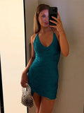 Bonnyshow  Sexy Wrinkled Pleated V Neck Halter Solid Dress Short Club Ladies 2025 Summer Bodycon Dress Evening Party Tight Mini Dress