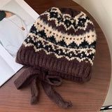 Bonnyshow Retro Knitted Woolen Hat for Women Autumn Winter Warm Ear Protection Beanie Cap Ethnic Style Plaid Strap Female Balaclava Hats