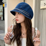 Bonnyshow Solid Color Denim Pile Caps for Women Retro Korean Girl Loose Painter Caps Streetwear Outdoor Sun Visor Hats