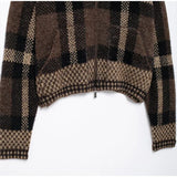 Bonnyshow  Vintage Plaid Zipper Sweater Coat Women Elegant Knitted Thick Brown Sweaters With Pockets Female Versatile Street Daily Outwear