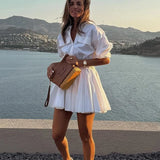 Bonnyshow  Casual Shirt Dress For Women Lapel Folds Short Dress Loose High Waist A-line Dress Buttons 2025 New Female White Dresses