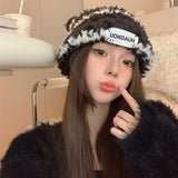 Bonnyshow Korean Striped Plush Hat Women Winter Warm Faux Fur Beanie Cap Solid Color Fluffy Windproof Female Ear Protection Hats