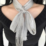 Bonnyshow Korean Silver Silk Scarf Spring and Summer Y2k Silk Scarves Ribbon Ins Women Long Petite Muffler Scarf  Women Accessories