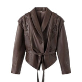 Bonnyshow Casual PU Leather Women's Jacket Fashion Vintage Motorcycle Coat V-neck Lace up Women Coats High Street Ladies Jackets Outwear