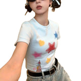 Bonnyshow  Korean Cute Design Short Sleeves With Star Print Graphic T Shirts Mini Crop Tops Women Clothes Hip Hop Students Slim Summer