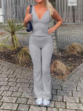 Bonnyshow Gray Slim Sleeveless V Neck Vest And V Shape Waist Flared Leggings 2 Pieses Pants Sets Womens Summer Baddie Outfits