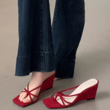 Bonnyshow  Summer Women Narrow Band Slippers Concise Open Toe Slide Ladies Wedges Heel Dress Sandalias
