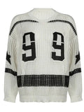 Bonnyshow  Oversized Number Pattern Sweater for Women's O-neck See Through Tops Hollow Out Knitte Long Sleeve Loose Pullovers Y2K