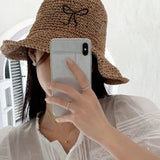 Bonnyshow Sunmmer Bow Kont Straw Hat Japanese Y2k Fashions UV Sunscreen Beach Hat Weave Bucket Hat Women's Sun Cap Beach Accessories