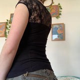 Bonnyshow  Hook Floral Lace Patchwork Top Black Sexy Cut Out Bow Decorate Short Sleeve T-shirt Elegant Slimming Clothes Summer