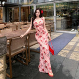 Bonnyshow  Women Flower Print Summer Dress Flounced Edge Slim Waist Evening Midi Vintage Vestidos Sleeveless Backless Lady Clothing Prom