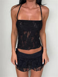 Bonnyshow  Lace Sheer A-Line Ruffle Mini Skirt Set For Women Halter Tie Backless Tank Top Short Skirt Sexy Vacation Two-Piece Outfit