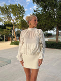 Bonnyshow  Women's Ruffled Long Sleeve Tops Elegant Round Collar Loose Blouse Decorative Layered Shirts Summer Beach Party Street Wear