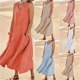 Bonnyshow Vintage Cotton Linen Long Dresses for Women Summer Solid Color Sleeveless Boho Maxi Dress Pocket Loose Tank Dress Plus Size 5XL