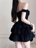 Bonnyshow   Gothic Lolita Kawaii Slip Dress Soft Girl Goth Harajuku Off Shoulder Backless Sexy Black Ruffles Party Dresses Y2k