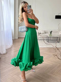 Bonnyshow  Women Spaghetti Strap A-line Ruffles Pink Evening Dresses Elegant Sweet Sleeveless Backless Zip-up Green Party Prom Dress