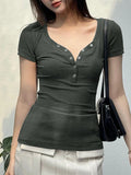 Bonnyshow Women's Sexy V-Neck T-shirt New Solid Summer Short Sleeve Tees Fashion Button Top Casual Slim Streetwear Female Knitted T-shirt