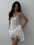 Bonnyshow Lace Strapless Ruched Sexy Mini Dress For Women Fashion Fishbone Off-shoulder Sleeveless Backless Club Party Dress