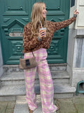 Bonnyshow  Sweet Women Pink Printed Plaid Long Pants Fashion Pockets Button High Waist Straight Trouser Female Spring  High Streetwear