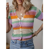 Bonnyshow  Women Summer Single Breasted Striped V Neck Knitted Sweater Caridgan Hollow Out Short Sleeve Sweet Temperament Slim Top Casual