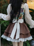Bonnyshow  Kawaii Lolita Skirt Women Autumn Winter Vintage High Waist A-line Lace Patchwork Bow Japanese Fashion Brown Mini Skirt