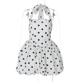 Bonnyshow  Sexy Polka Dot Halter Bubble Mini Dress Women Fashion Backless Lace Up Slim Puffy Dresses Lady Summer Chic Street Party Vestidos