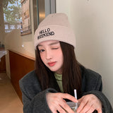Bonnyshow Letter Embroidered Beanies Women Men Autumn Winter Warm Knitted Hat Korean Hip Hop Unisex Skullcap Couple Bonnets