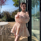 BonnyshowSummer Floral Dress Women Slash Neck Female Long Sleeve Fairy Dress Off Shoulder Pink A-line Elegant  Beach Short Dresses