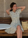 Bonnyshow  French Floral Print Women's Elegant Short Sleeve A-Line Dresses Summer Sweet Country Style Casual High Waist Dress New
