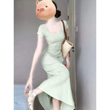 Bonnyshow  Summer Women's Korean Graceful Square Collar Slim Dress Lady Fashion Joker Solid Long Short Sleeve Dresses 2025 New Clothing