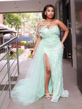 Bonnyshow Luxury Sparkle Beaded Lace Split Long Evening Dresses With Overlay  Pretty Mint Green Sexy African Maxi Dresses Aso Ebi Gowns