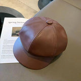 Bonnyshow Vintage PU Leather Beret Hat Women Autumn Winter Warm Octagonal Cap Elegant Solid Color Female Lady Painters Caps