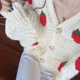 Bonnyshow  Autumn Women's Strawberry Kintted Cardigan Long Sleeve Loose Single Breasted Sweater Coat Female Fashion Thicken Warm Cardigans