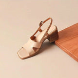 Bonnyshow  Fashion new French retro square head Roman shoes thick heel open toe sandals female summer