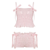 Bonnyshow  Simple Fashion Solid Ruched Women Sweet 2 Piece Set Summer Causal Bow Design Trendy Suit