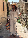 Bonnyshow  Embroidery Women 's Pant Suit Printed  Laple Single Breasted Full Sleeve Shirts Lace Up Wide Leg Pants Female Vacation Outfit
