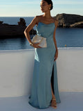 Bonnyshow  Elegant Split Women' s Dresses Solid Square Collar Backless Sleeveless Long Dress Female Summer Fashion Party Evening Vestidos