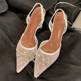 Bonnyshow  Butterfly-kont CRYSTAL Breathable Mesh Women Pumps Elegant Slingbacks Pointed Toe High Heels Banquet Party Shoes