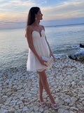 Bonnyshow  Women White Pleated Backless Sling Dress Elegant Patchwork Wrapped Chest Sleeveless Mini Dresses Summer New Vocation Beach Robe