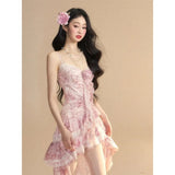 Bonnyshow  French Style Floral Printed Strap Camisole Dress for Women Summer Waist Slimming Chic Spicy Girl Ruffle Irregular Short Dress